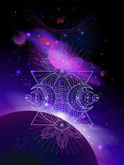 Vector illustration of Sacred geometric symbol against the space background with sunrise and stars.