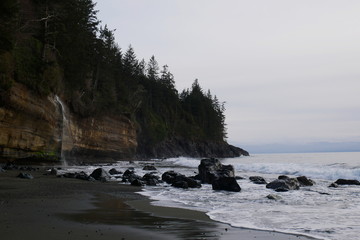 Empty Canadian beach with waterfall