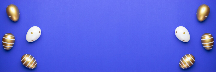 Easter basket eggs isolated on blue. For greeting card, promotion, poster, flyer, web-banner, article.