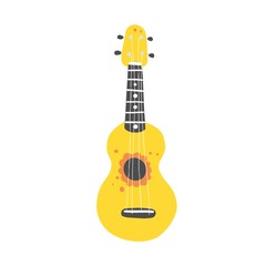 Obraz premium Cute cartoon ukulele for summer poster, card design. Little guitar, string music instrument of hawaii style. Vector illuatration of simple hand drawn style.