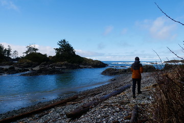 Man walking alone on beach in the Pacific Rim national park