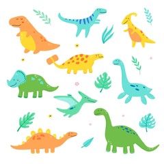 Cute dinosaur set for kids, baby clipart design. Colorful dino of hand drawn style. Vector illustration of dinosaurs isolated on background.