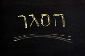the word Quarantine in Hebrew on a black board. Yellow chalk