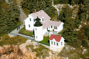 Aerial view of Bass Harbor Head Lighthouse, Acadia National Park, Maine, west side of Mount Desert Island