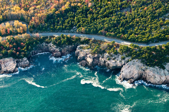 Aerial views of coastline surrounding Acadia National Park, Maine in autumn