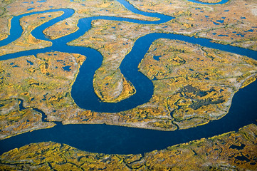 Aerial view of marsh, wetland abstraction of salt and seawater, and Rachel Carson Wildlife Sanctuary in Wells, Maine