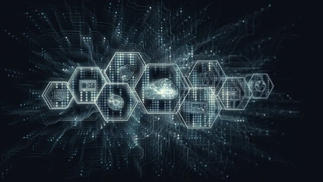 Cyberspace cloud files in polygon cells network technology. Hexagonal modern light cells in digital data concept animation.
