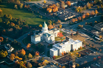 Aerial view of State Capital building and autumn color in Augusta, Maine