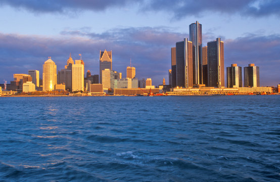 Detroit skyline at sunrise from Windsor, Canada