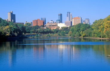 Morning view of Minneapolis skyline from Interstate 94, MN