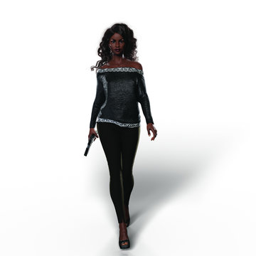 Black Woman with Handgun (Transparent with Shadows)