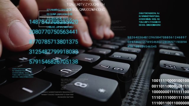 Man working on laptop computer keyboard with graphic user interface GUI hologram