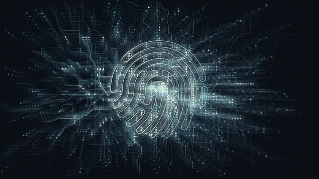 Cyberspace biometric fingerprint identify for network technology in digital data. Thumbprint scan concept animation.