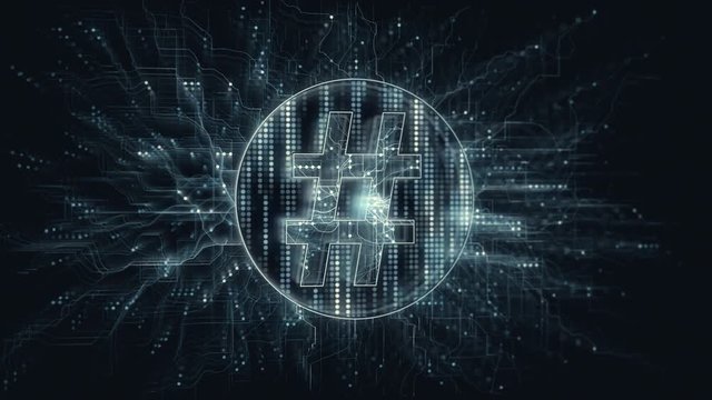 Cyberspace hashtag for social media network technology in digital data. Keyword concept animation.