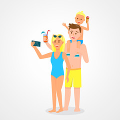 Young Family with Child in Beach Clothing Holding Cocktails and Making Selfie Isolated on White Background. Father, Mother and Little Son Sitting on Dads Shoulders. Cartoon Flat Vector Illustration.