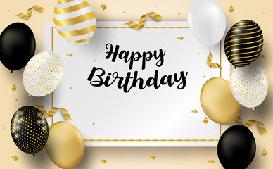 Happy Birthday celebration card. Design with black, white, gold balloons and gold foil confetti. soft background. vector.