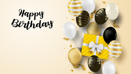 Happy Birthday celebration card. Design with black, white, gold balloons and gold foil confetti. soft background. vector.