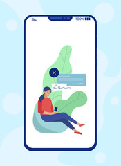 Banner Advertising New Interface or Application. Huge Mobile Screen with Flat Cartoon Woman Using Mobile Phone and Modern Software. Girl Sitting on Bag Chair over Foliage Backdrop. Vector Illustration