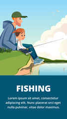 Father Son Fishing Banner. Cartoon Man and Boy on River Shore Hold Fishing Rod Vector Illustration. Dad Teach Kid Learn Catch Fish. Family Weekend Together. Summer Hobby Leisure. Pond Lake Bank