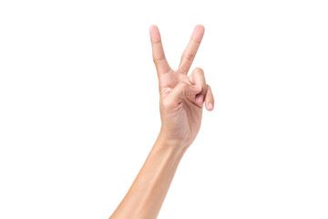 man hand showing two fingers,victory sign gesture on a white isolated background,with clipping path
