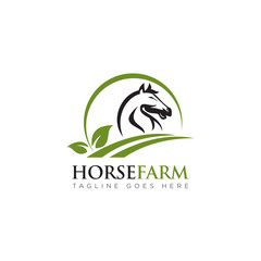 Fototapeta na wymiar horsefarm logo, with head horse, leaf and land vector