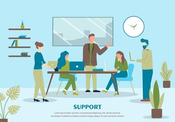 Support Banner. Cartoon People Customer Online Support, Computer Help Vector Illustration. Woman Talk Phone, Answer Client. Internet Chat Message, Operator Hotline, Helpdesk/ Notebook Repair