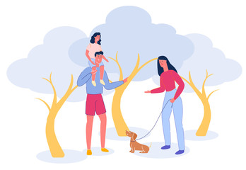 Family People Cartoon Characters Walk in Park with Dog and Children. Father, Mother and Kid Spend Free Time Together on Day Off. Outdoor Activity and Family Lifestyle. Flat Vector Illustration.