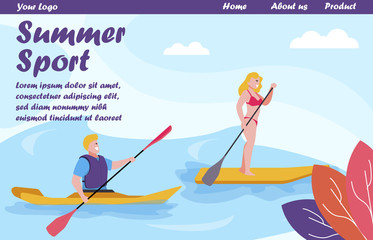 Flat Landing Page Offering Summer Water Sport Variety. Rowing on Canoe or Kayak, Sup Surfing with Paddle. Outdoor Activities and Extreme Summertime. Surfboards Beach Holidays. Vector Illustration