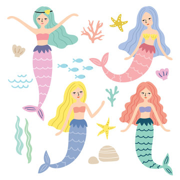 Vector illustration of mermaid princess, fishes, starfish and under the sea items.