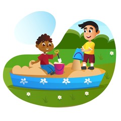 Cartoon Boys in Sandbox with Plastic Toy Basket in Park Vector Illustration. Happy Children Play at Playground Sand Game Outdoors. Funny Kid Daycare Kindergarten. Baby Friend Friendship