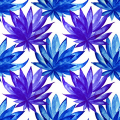 Seamless pattern watercolor blue branches with leaves and flower creative hand-drawn background wrapping
