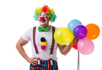 Funny clown with balloons isolated on white background