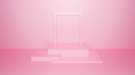 Abstract pink background texture with geometric shape. 3d cube wall. Minimal mockup with picture frame and pastel podium scene concept. 3d render design for display product and presentation on website
