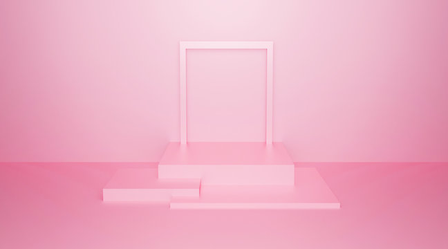 Abstract pink background texture with geometric shape. 3d cube wall. Minimal mockup with picture frame and pastel podium scene concept. 3d render design for display product and presentation on website