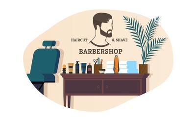 Banner Advertising Barbershop Haircut and Shave. Services Salon, High-quality Haircut With Best Tools and Qualified Hairdressers. Workplace Barber, on Top Sign with Mans Face. Vector Illustration.