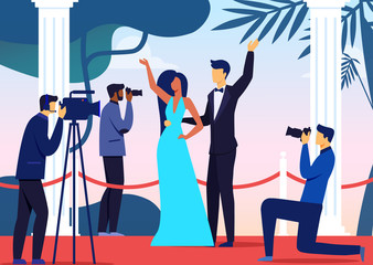 Celebrities Pair Arrival Flat Vector Illustration. Woman in Dress, Man in Tuxedo and Paparazzi Cartoon Characters. Famous People, VIP Couple Walk Red Carpet Together. Show Business, Public Event