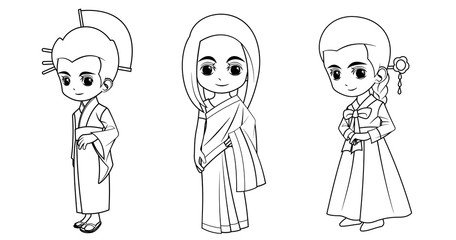 Collection of cartoon girl wearing Japanese Indian and Korean costume used for coloring book