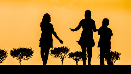 silhouettes of children playing in park