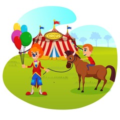 Informational Banner Inscription on Tent Circus. Clowns and Trained Animals in Circus Tent. Clown with Balloons Rides Child on Pony. Entertainment Circus Tent. Vector Illustration.