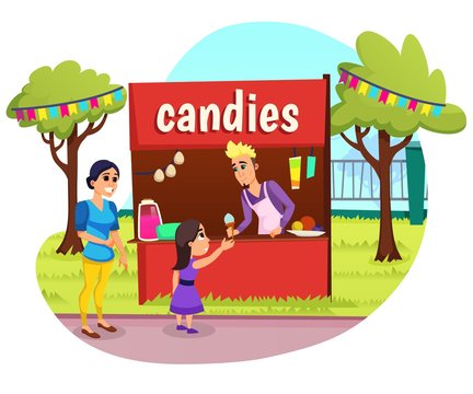 Advertising Banner Candies Lettering Cartoon Flat. Preparing for Event in Summer Season. Mom and Daughter are Standing Next to Trading Tent. Guy Seller Gives Girl an Ice Cream. Vector Illustration.