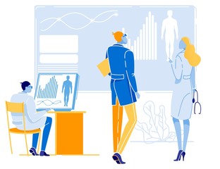 Bearded Man and Woman Doctors in Uniform Standing Look at Interactive Board and Discussing Patient Medical Card. Medical Assistant Working with Checkup List on Laptop. Vector Flat Cartoon Illustration