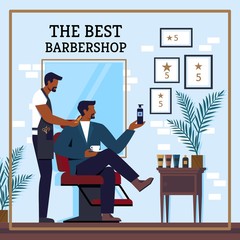 Flyer Inscription the Best Barbershop Cartoon. Visitors Provided with Best Services Qualified Stylist and Hairdresser, who Accompanied Pleasant Communication, Tasty Drinks, Hair Care Products.