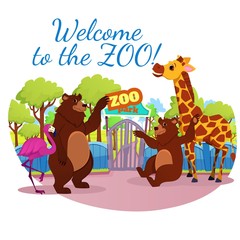Invitation Banner, Welcome to Zoo Inscription, African and Forest Wild Animals Stand at Park Gate, Pink Flamingo, Giraffe and Funny Bears Inviting Visitors. Wildlife, Cartoon Flat Vector Illustration