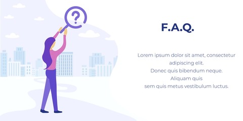 FAQ Service for Finding Answers Advertising Banner. Cartoon Woman Character Holds Magnifying Glass Pointing to Question Mark. Vector Flat City with Skyscrapers Illustration with Promotion Text