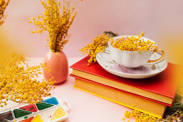 spring still-life, a bouquet of Mimosa in a white porcelain Cup on a soft pink background with two vintage books in a hard red cover with vintage yellow pages and with watercolors and a brush.
