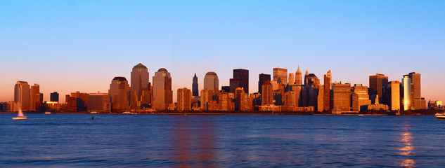 Panoramic view of lower Manhattan and Hudson River, New York City skyline at sunset