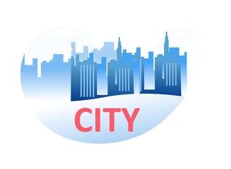 Abstract City Skyline Isolated on White Background Icon. Futuristic Cityscape. Modern Town Buildings Exterior Architecture Silhouette, Design Element, Logo. Cartoon Flat Vector Illustration, Banner