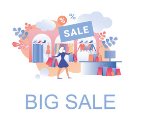 Big Sale with Deep Discounts in Women Clothes, Shoes and Accessories Trendy Boutique in Order to Clear. Young Blond Woman Shopper, Carrying Lots Colored Paper Bags with Apparel She Bought.