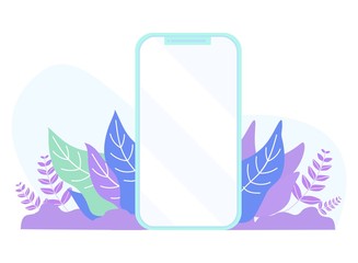 Empty Flat Mobile Screen on Plants Foliage Cartoon. Mockup Design for Advertisement and Announcement. Promotion Material Template. Vector Technology and Software, Digital Marketing Illustration