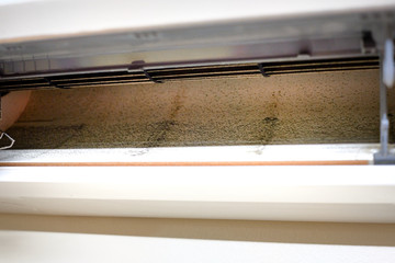 The fungi in the air conditioner. Dirty air conditioner have a lot of fungi inside. Unhealthy air conditioner. Fungi inside air conditioner.